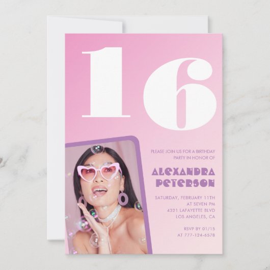 Rosa Einladung zum 16. Geburtstag Retro Foto (Vorderseite)