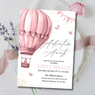 Rosa Einladung zur Babyparty mit Heißluftballon, B