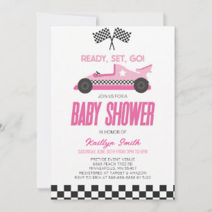 Rosa Einladung zur Babyparty mit Rennwagen