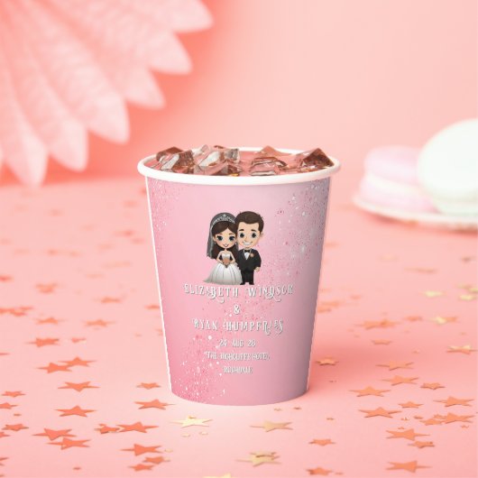 Rosa Einladungen für Hochzeiten mit Diamanten-Glit Pappbecher (Insitu)