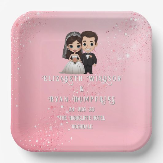 Rosa Einladungen für Hochzeiten mit Diamanten-Glit Pappteller (Vorderseite)