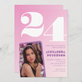 Rosa Einladungen zum 24. Geburtstag Retro Foto (Vorne/Hinten)