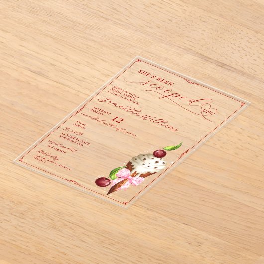 Rosa Eis Cream Cherry Red Scoopup Brautparty Acryleinladungen (Ablage )