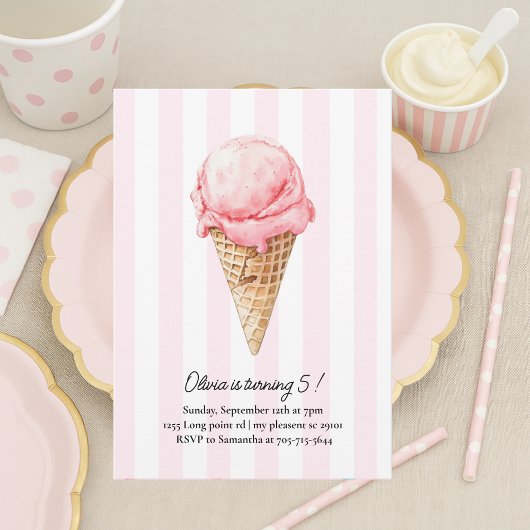 Rosa Eiscreme-Geburtstag | Bearbeitbare Sommer Einladung