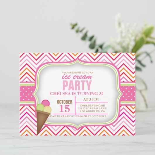 Rosa Eiscreme Geburtstagsparty Einladung (Stehend Vorderseite)