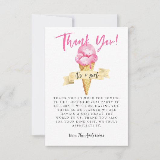 Rosa-Eiscreme-Girl-Gender-Party Dankeskarte (Vorderseite)