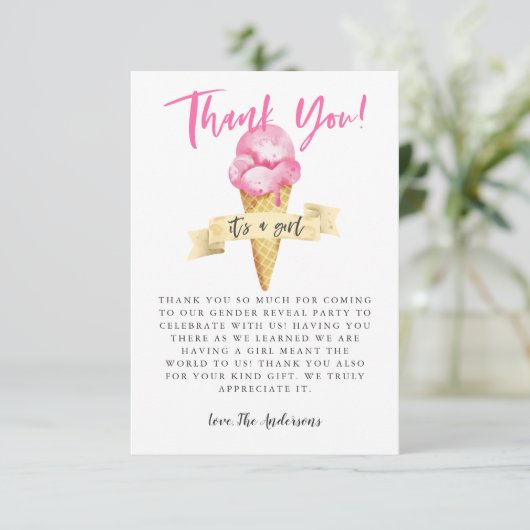 Rosa-Eiscreme-Girl-Gender-Party Dankeskarte (Stehend Vorderseite)