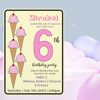 Rosa Eiscreme Kone 6. Geburtstagsparty Kinder Einladung