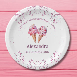 Rosa Eiscreme Mädchen 1. Geburtstagsfeier Pappteller