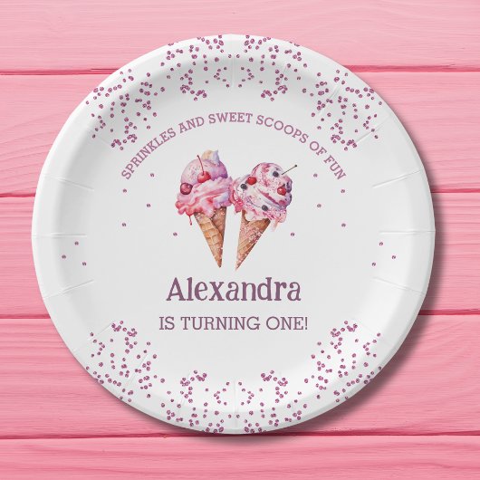Rosa Eiscreme Mädchen 1. Geburtstagsfeier Pappteller