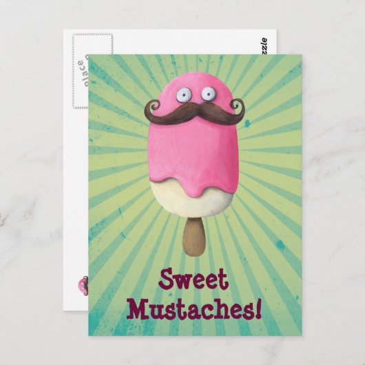 Rosa Eiscreme mit Mustaches Postkarte (Vorne/Hinten)