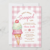 Rosa Eiscreme-Schleife-Gingham-Brautparty Einladung (Vorderseite)