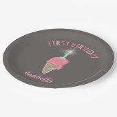 Rosa Eiscreme Sparkler Girl 1. Geburtstag Party Pappteller (Schrägansicht)