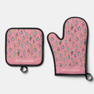 Rosa Eiscreme-Tüte Ofenhandschuh & Topflappen-Set