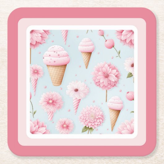 Rosa Eiscreme und Blume an der Grenze Rechteckiger Pappuntersetzer (Vorderseite)