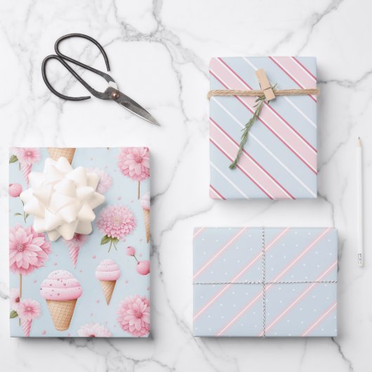 Rosa Eiscreme und Blume Geschenkpapier Set (Vorderseite)