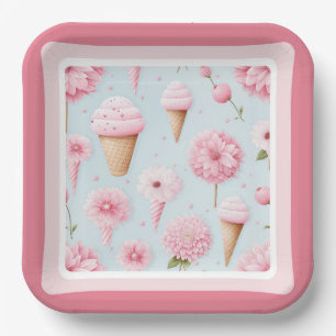 Rosa Eiscreme und Blume mit Tellern aus Grenzpapie Pappteller