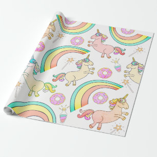Rosa eisige Donuts, Einhörner, Zauberstäbe, Regenb Geschenkpapier
