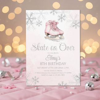 Rosa Eislaufen Silber Glitter Schneeflocke Geburts Einladung