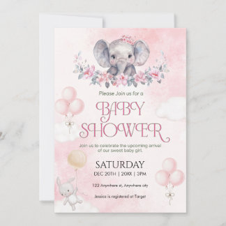 Rosa Elefant Aquarell Baby Shower für Mädchen Einladung