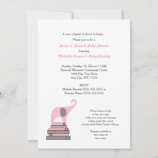 Rosa Elefant-Buch-Babyparty/Buch-Brunchmädchen Einladung (Vorderseite)