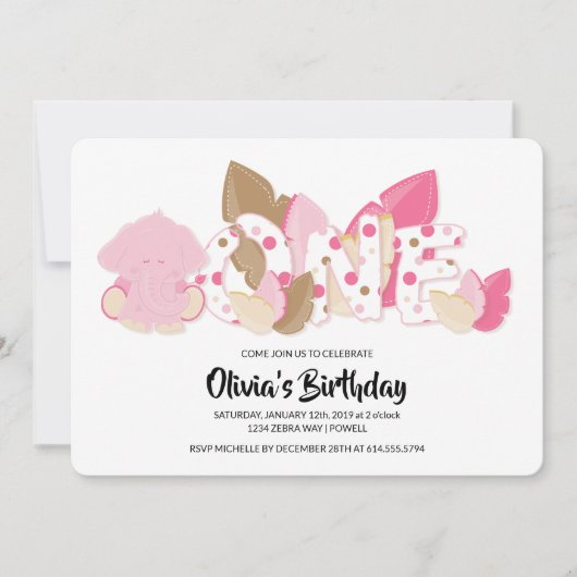 Rosa Elefant Einladung zum ersten Geburtstag (Vorderseite)