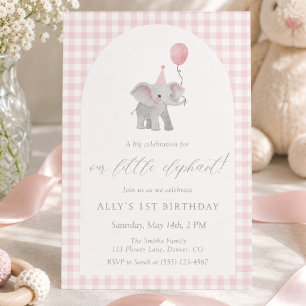 Rosa Elefant Gingham 1. Geburtstag Wasserfarbe Einladung