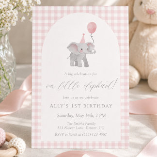 Rosa Elefant Gingham 1. Geburtstag Wasserfarbe Einladung