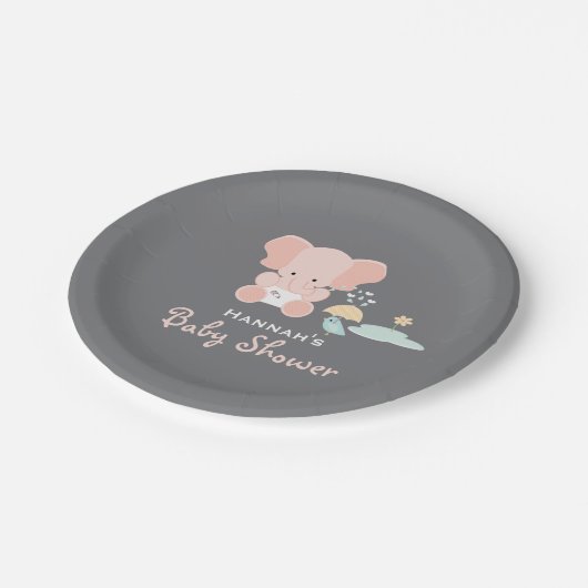 Rosa Elefant kleine Vogel-Babyparty Pappteller (Schrägansicht)
