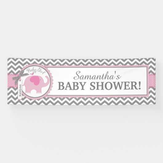 Rosa Elefant-Mädchen-Zickzack Baby-Dusche Banner (Horizontal)