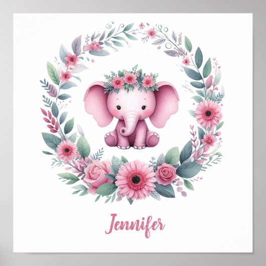 Rosa Elefant mit Blumengewinde Poster (Vorne)