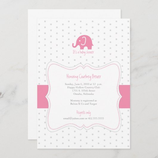 Rosa Elefant Punkt Kinderdusche Einladung (Vorne/Hinten)