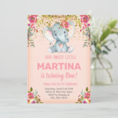 Rosa Elefant und Blume Mädchen Geburtstag einladen Einladung (Stehend Vorderseite)