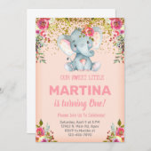 Rosa Elefant und Blume Mädchen Geburtstag einladen Einladung (Vorne/Hinten)