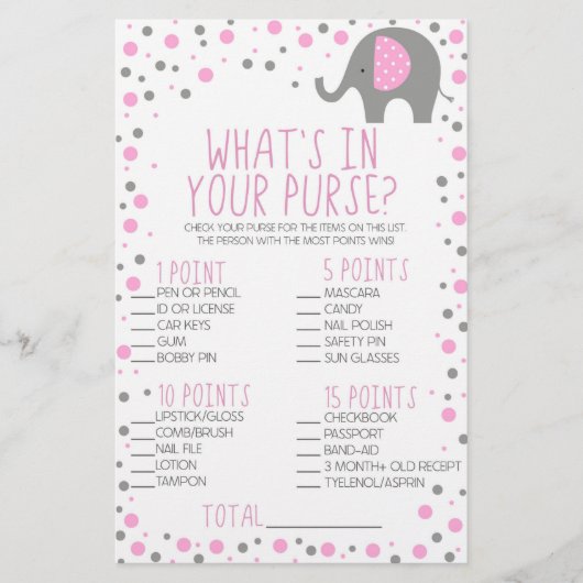 Rosa Elefant, was in Purse Baby Shower Game ist Briefpapier (Vorderseite)