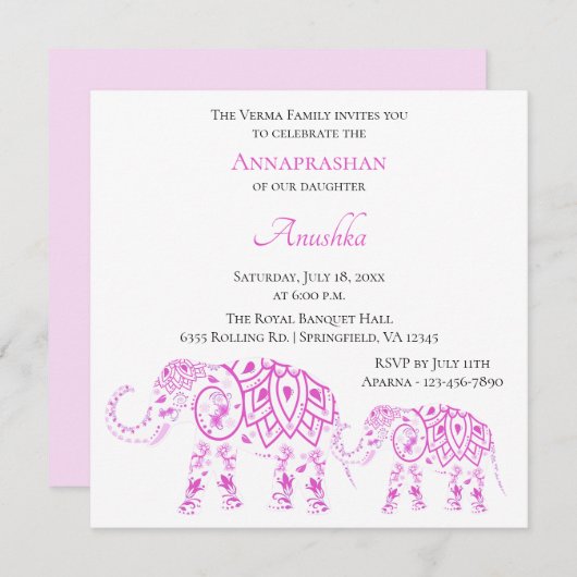 Rosa Elefanten Annaprashan| Erster Reis Einladung (Vorne/Hinten)