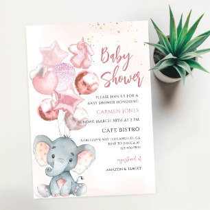Rosa Elefanten-Balloons Mädchen Baby-Party Einladung