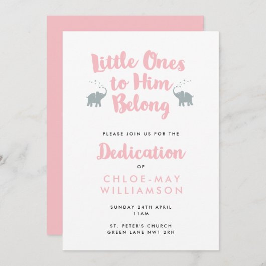 Rosa Elefanten Christlich Dedication Einladung (Vorne/Hinten)