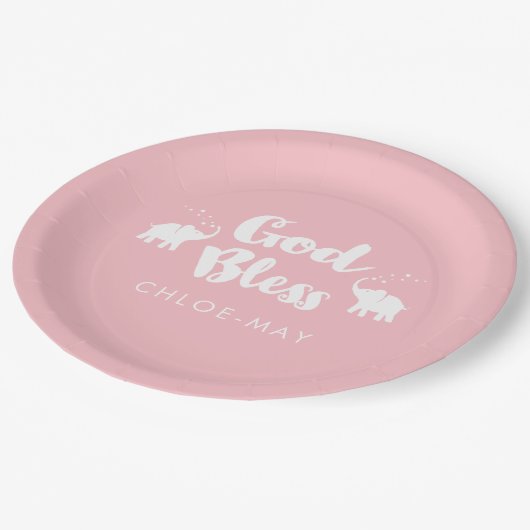 Rosa Elefanten Gott segne Taufe/Dedication Pappteller (Schrägansicht)