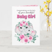 Rosa Elefantengeburt Mädchen Glückwünsche Karte (Gelbe Blume)