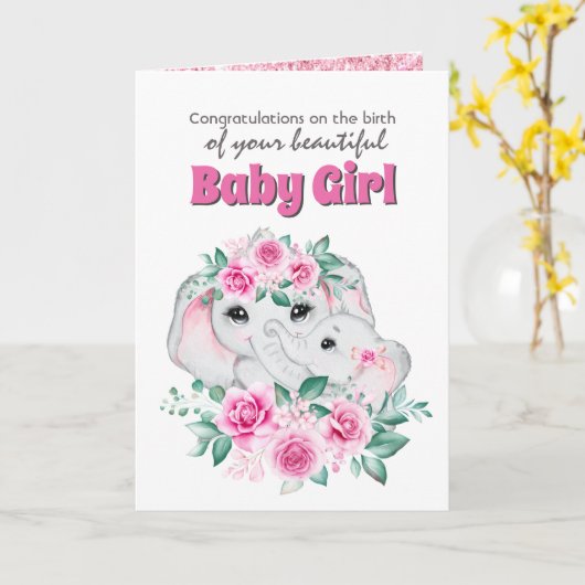 Rosa Elefantengeburt Mädchen Glückwünsche Karte (Gelbe Blume)