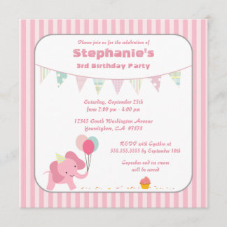 Rosa Elefantenstreifen Geburtstagsfeier Einladung