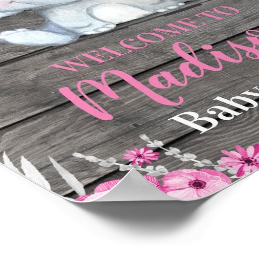 Rosa Elefantenwillkommensschild, rustikale Mädchen Poster (Ecke)