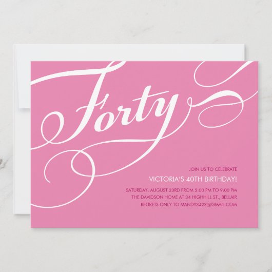 Rosa Elegant 40. Geburtstag Einladungen (Vorderseite)