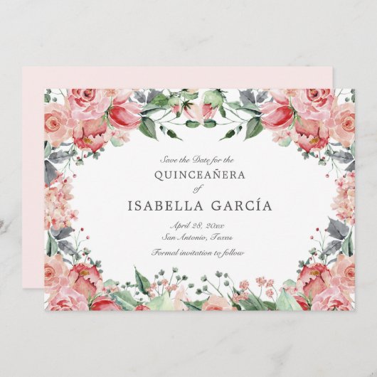 Rosa Elegant Blumenschrift Quinceañera Save The Date (Vorne/Hinten)