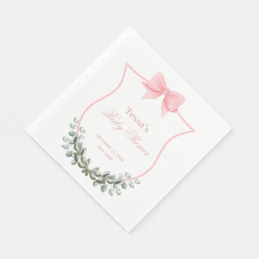 Rosa Elegant Bow Eucalyptus Wappen Babydusche Serviette (Ecke)