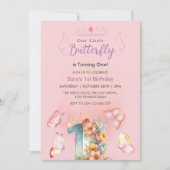 Rosa Elegant Erster Geburtstag Pink Butterflies Einladung (Vorderseite)