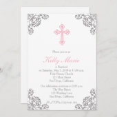 Rosa Elegant Filigree Swirl Taufe Einladung (Vorne/Hinten)