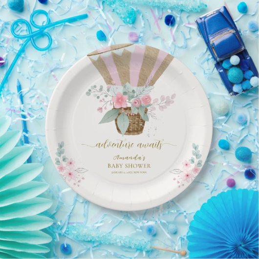 Rosa Elegant Floral Hot Air Ballon Babydusche Pappteller (Party)