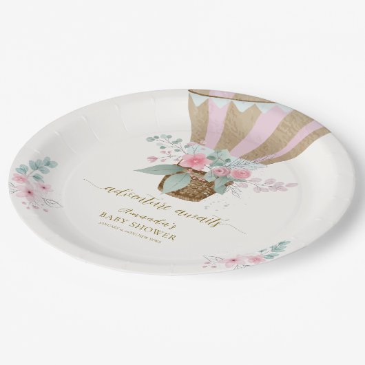 Rosa Elegant Floral Hot Air Ballon Babydusche Pappteller (Schrägansicht)